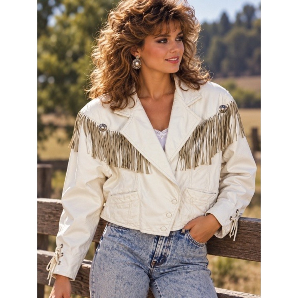 Vintage 1980's Zenia White Leather Fringe Western Crop Lace Up Jacket Size Large